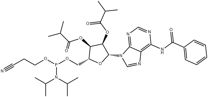 2-cyanoethoxy-N,N'-diisopropylamino-(6-N-benzoyl-2',3'-di-O-isobutyryl-β-D-adenyl-5'-yl)phosphine,1239583-10-8,结构式