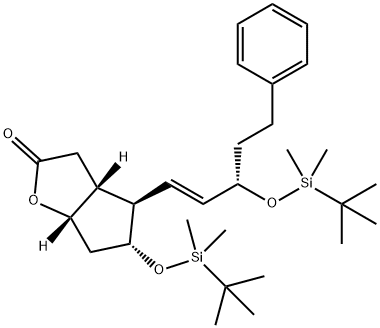 2H-Cyclopenta[b]furan-2-one, 5-[[(1,1-dimethylethyl)dimethylsilyl]oxy]-4-[(1E,3S)-3-[[(1,1-dimethylethyl)dimethylsilyl]oxy]-5-phenyl-1-penten-1-yl]hexahydro-, (3aR,4R,5R,6aS)- Structure