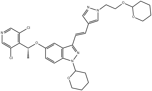1H-Indazole, 5-[(1R)-1-(3,5-dichloro-4-pyridinyl)ethoxy]-1-(tetrahydro-2H-pyran-2-yl)-3-[(1E)-2-[1-[2-[(tetrahydro-2H-pyran-2-yl)oxy]ethyl]-1H-pyrazol-4-yl]ethenyl]-