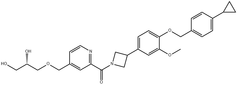 (2S)-3-[2-[3-[4-(4-シクロプロピルベンジルオキシ)-3-メトキシフェニル]アゼチジン-1-イルカルボニル]-4-ピリジルメトキシ]プロパン-1,2-ジオール 化学構造式