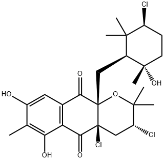 2H-Naphtho[2,3-b]pyran-5,10-dione, 3,4a-dichloro-10a-[[(1S,3S,6S)-3-chloro-6-hydroxy-2,2,6-trimethylcyclohexyl]methyl]-3,4,4a,10a-tetrahydro-6,8-dihydroxy-2,2,7-trimethyl-, (3R,4aR,10aS)-,127875-62-1,结构式