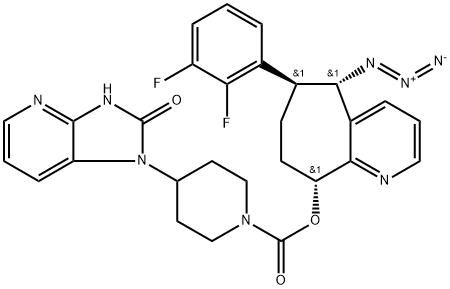 1-Piperidinecarboxylic acid, 4-(2,3-dihydro-2-oxo-1H-imidazo[4,5-b]pyridin-1-yl)-, (5S,6S,9R)-5-azido-6-(2,3-difluorophenyl)-6,7,8,9-tetrahydro-5H-cyclohepta[b]pyridin-9-yl ester Structure