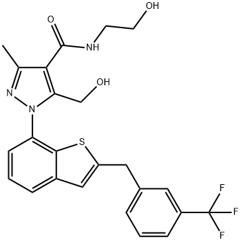 1H-Pyrazole-4-carboxamide, N-(2-hydroxyethyl)-5-(hydroxymethyl)-3-methyl-1-[2-[[3-(trifluoromethyl)phenyl]methyl]benzo[b]thien-7-yl]- Structure