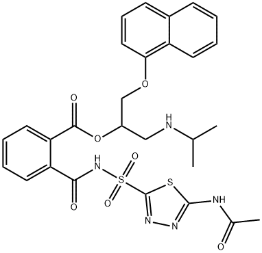 Benzoic acid, 2-[[[[5-(acetylamino)-1,3,4-thiadiazol-2-yl]sulfonyl]amino]carbonyl]-, 1-[[(1-methylethyl)amino]methyl]-2-(1-naphthalenyloxy)ethyl ester 化学構造式