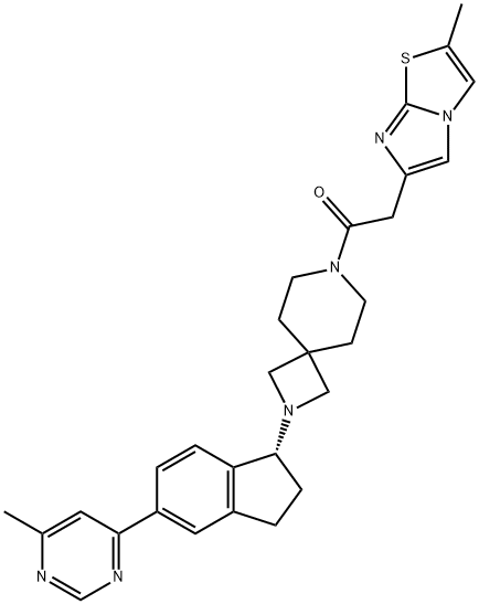 7-[(2-メチルイミダゾ[2,1-b]チアゾール-6-イル)アセチル]-2-[5-(6-メチルピリミジン-4-イル)-2,3-ジヒドロ-1H-インデン-1-イル]-2,7-ジアザスピロ[3.5]ノナン 化学構造式