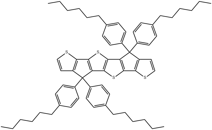 Thieno[3',2':4,5]cyclopenta[1,2-b]thieno[2'',3'':3',4']cyclopenta [1',2':4,5]thieno[2,3-d]thiophene,4,4,9,9-tetrakis(4-hexylphenyl)-4,9-dihydro- Struktur