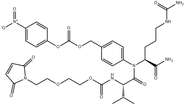 L-Ornithinamide, N-[[2-[2-(2,5-dihydro-2,5-dioxo-1H-pyrrol-1-yl)ethoxy]ethoxy]carbonyl]-L-valyl-N5-(aminocarbonyl)-N-[4-[[[(4-nitrophenoxy)carbonyl]oxy]methyl]phenyl]- Struktur