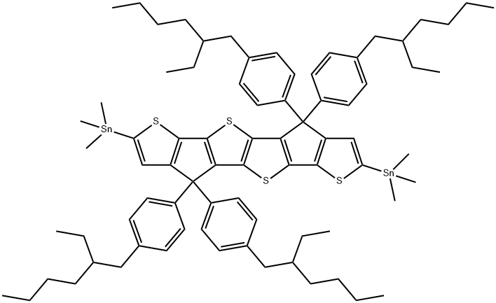 Stannane,1,1'-[4,4,9,9-tetrakis[4-(2-ethylhexyl)phenyl]-4,9-dihydrothieno[3',2':4,5]cyclopenta[1,2-b]thieno[2'',3'':3',4']cyclopenta[1',2':4,5]thieno[2,3-d]thiophene-2,7-diyl]bis[1,1,1-trimethyl- 化学構造式