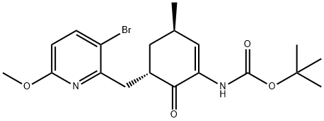 Carbamic acid, N-[(3R,5S)-5-[(3-bromo-6-methoxy-2-pyridinyl)methyl]-3-methyl-6-oxo-1-cyclohexen-1-yl]-, 1,1-dimethylethyl ester 化学構造式