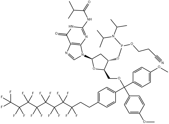2'-Deoxy-5'-O-FDMT-N2-isobutyryl-guanosine 3'-CE phosphoramidite Struktur