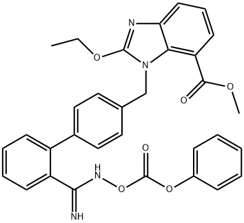 1H-Benzimidazole-7-carboxylic acid, 2-ethoxy-1-[[2'-[imino[[(phenoxycarbonyl)oxy]amino]methyl][1,1'-biphenyl]-4-yl]methyl]-, methyl ester Structure