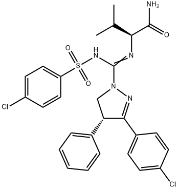 (S)-2-((R)-3-(4-chlorophenyl)-N’-((4-chlorophenyl)sulfonyl)-4-phenyl-4,5-dihydro-1H-pyrazole-1-carboximidamido)-3-methylbutanamide Structure