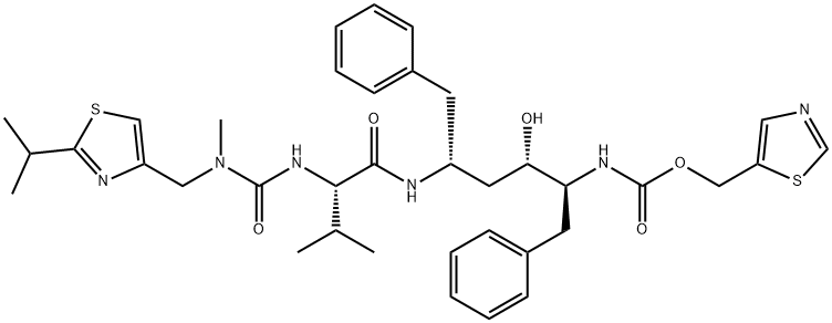 2,7,10,12-Tetraazatridecanoic acid, 4-hydroxy-12-methyl-9-(1-methylethyl)-13-[2-(1-methylethyl)-4-thiazolyl]-8,11-dioxo-3,6-bis(phenylmethyl)-, 5-thiazolylmethyl ester, (3S,4S,6R,9S)- Struktur