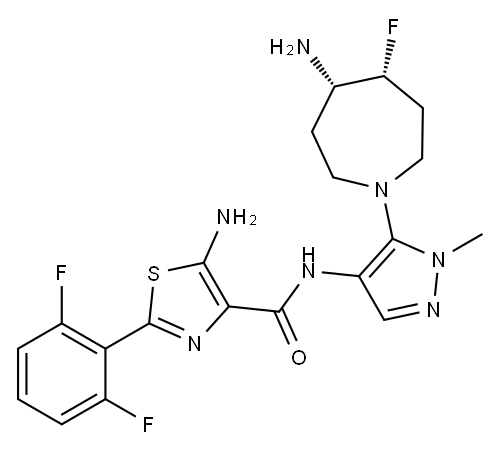 4-Thiazolecarboxamide, 5-amino-N-[5-[(4S,5R)-4-amino-5-fluorohexahydro-1H-azepin-1-yl]-1-methyl-1H-pyrazol-4-yl]-2-(2,6-difluorophenyl)-,1428569-93-0,结构式