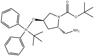 (2S,4R)-叔-丁基 2-(氨基甲基)-4-((叔-丁基二苯基甲硅烷基)氧代)吡咯烷-1-甲酸基酯 结构式