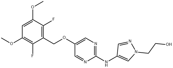 4-[5-(2,6-ジフルオロ-3,5-ジメトキシベンジルオキシ)-2-ピリミジニルアミノ]-1H-ピラゾール-1-エタノール 化学構造式