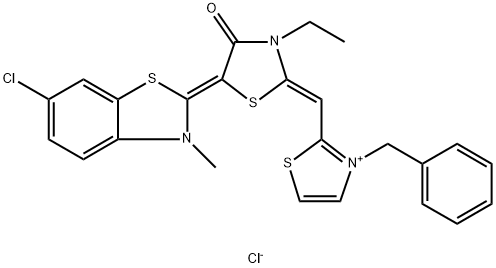 3-苄基-2-((Z)-((E)-5-(6-氯-3-甲基苯并[D]噻唑-2(3H)-亚基)-3-乙基-4- 氧代噻唑啉 -2-亚基)甲基)噻唑-3-鎓氯化物, 1456551-16-8, 结构式