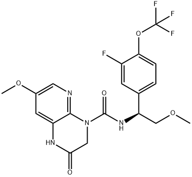 N-[(S)-1-[3-フルオロ-4-(トリフルオロメトキシ)フェニル]-2-メトキシエチル]-2-オキソ-7-メトキシ-1,2-ジヒドロピリド[2,3-b]ピラジン-4(3H)-カルボアミド 化学構造式