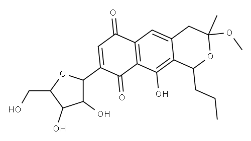 1H-Naphtho[2,3-c]pyran-6,9-dione, 3,4-dihydro-10-hydroxy-3-methoxy-3-methyl-8-pentofuranosyl-1-propyl- (9CI) 化学構造式