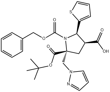 1,2,4-pyrrolidinetricarboxylic acid, 2-(1H-pyrazol-1-ylmethyl)-5-(2-thienyl)-, 2-(1,1-dimethylethyl) 1-(phenylmethyl) ester, (2R,4S,5R)- 结构式