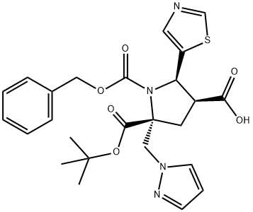 1,2,4-pyrrolidinetricarboxylic acid, 2-(1H-pyrazol-1-ylmethyl)-5-(5-thiazolyl)-, 2-(1,1-dimethylethyl) 1-(phenylmethyl) ester, (2R,4S,5R)- 化学構造式