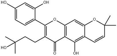 2H,6H-Benzo[1,2-b:5,4-b']dipyran-6-one, 8-(2,4-dihydroxyphenyl)-5-hydroxy-7-(3-hydroxy-3-methylbutyl)-2,2-dimethyl- Struktur