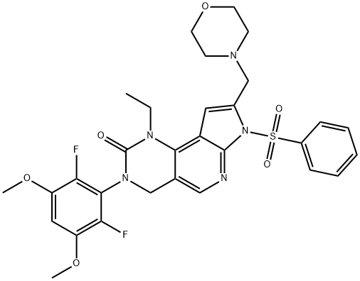 2H-Pyrrolo[3',2':5,6]pyrido[4,3-d]pyrimidin-2-one, 3-(2,6-difluoro-3,5-dimethoxyphenyl)-1-ethyl-1,3,4,7-tetrahydro-8-(4-morpholinylmethyl)-7-(phenylsulfonyl)- Structure