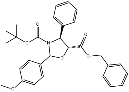 3,5-Oxazolidinedicarboxylic acid, 2-(4-methoxyphenyl)-4-phenyl-, 3-(1,1-dimethylethyl) 5-(phenylmethyl) ester, (4S,5R)- 化学構造式