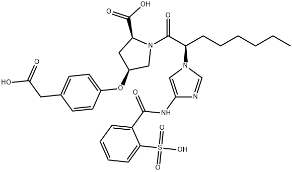 (2S,4S)-4-[4-(カルボキシメチル)フェノキシ]-1-[(2R)-2-[4-(2-スルホベンズアミド)-1H-イミダゾール-1-イル]オクタノイル]ピロリジン-2-カルボン酸 化学構造式