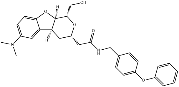 1H-Pyrano[3,4-b]benzofuran-3-acetamide, 6-(dimethylamino)-3,4,4a,9a-tetrahydro-1-(hydroxymethyl)-N-[(4-phenoxyphenyl)methyl]-, (1S,3S,4aS,9aR)- Struktur