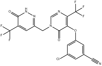 3-chloro-5-((6-oxo-1-((6-oxo-5-(trifluoromethyl)-1,6-dihydropyridazin-3-yl) methyl)-4-(trifluoromethyl)-1,6-dihydropyrimidin-5-yl)oxy)benzonitrile Structure