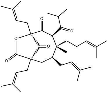 8-Oxabicyclo[5.2.1]decane-6,9,10-trione, 4-methyl-1,3,7-tris(3-methyl-2-buten-1-yl)-5-(2-methyl-1-oxopropyl)-4-(4-methyl-3-penten-1-yl)-, (1R,3S,4R,5R,7S)- Structure