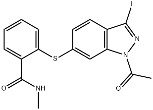 2-((1-乙酰基-3-碘-1H-吲唑-6-基)硫基)-N-甲基苯甲酰胺(阿西替尼杂质) 结构式