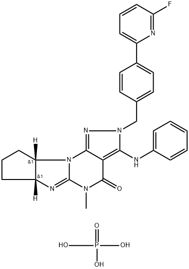 (1S)-4-メチル-6-(フェニルアミノ)-7-[4-(6-フルオロ-2-ピリジニル)ベンジル]-1β,2β-プロパノ-1,2,4,5-テトラヒドロ-7H-3,4,7,8,8b-ペンタアザ-as-インダセン-5-オン 化学構造式