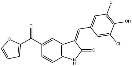 3-(3,5-ジクロロ-4-ヒドロキシベンジリデン)-5-(2-フラニルカルボニル)インドリン-2-オン 化学構造式