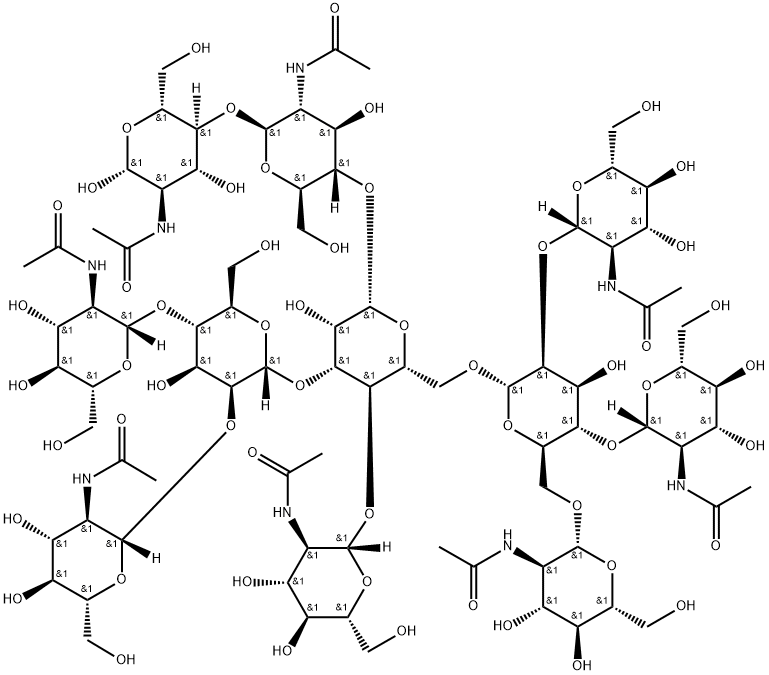 O-2-(乙酰氨基)-2-脱氧-BETA-D-吡喃葡萄糖基-(1-4)-O-[O-2-(乙酰氨基)-2-脱氧-BETA-D-吡喃葡萄糖基-(1-2)-O-[2-(乙酰氨基)-2-脱氧-BETA-D-吡喃葡萄糖基-(1-4)]-O-[2-(乙酰氨基)-2-脱氧-BETA-D-吡喃葡萄糖基-(1-6)]-ALPHA-D-甘露糖基-(1-6)]-O-[O-2-(乙酰氨基)-2-脱氧-BETA-D-吡喃葡萄糖基-(1-2)-O-[2-(乙酰氨基)-2-脱氧-BETA-D-吡喃葡萄糖基-(1-4)]-ALPHA-D-甘露糖基-(1-3)]-O-BETA-D-甘露糖基-(1-4)-O-2-(乙酰氨基)-2, 172906-79-5, 结构式