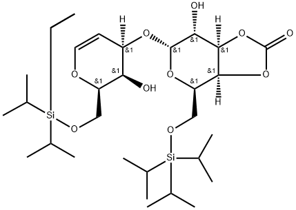 2,6-Anhydro-4-O-[3,4-O-carbonyl-6-O-[tris(1-methylethyl)silyl]-alpha-D-galactopyranosyl]-2-deoxy-6-O-[tris(1-methylethyl)silyl]-D-arabino-hex-5-enitol Struktur