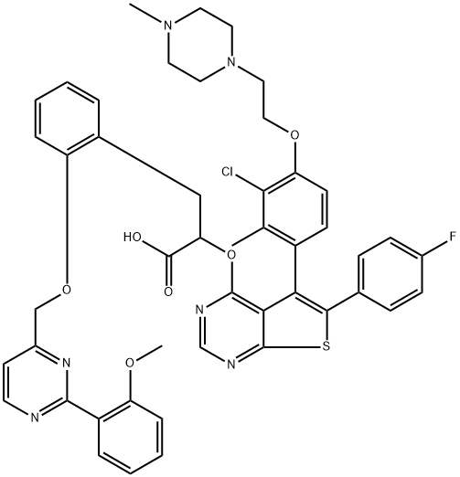 (2R)-2-[(5-{3-クロロ-2-メチル-4-[2-(4-メチルピペラジン-1-イル)エトキシ]フェニル}-6-(4-フルオロフェニル)チエノ[2,3-d]ピリミジン-4-イル)オキシ]-3-(2-{[2-(2-メトキシフェニル)ピリミジン-4-イル]メトキシ}フェニル)プロパン酸 化学構造式