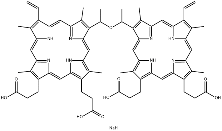 21H,23H-Porphine-2,18-dipropanoic acid, 7,7'-(oxydiethylidene)bis[12-ethenyl-3,8,13,17-tetramethyl-, sodium salt (1:4) Struktur