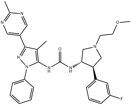 Urea, N-[(3S,4R)-4-(3-fluorophenyl)-1-(2-methoxyethyl)-3-pyrrolidinyl]-N'-[4-methyl-3-(2-methyl-5-pyrimidinyl)-1-phenyl-1H-pyrazol-5-yl]- Structure