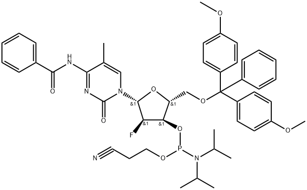 N-Benzoyl-2'-deoxy-5'-O-DMT-2'-fluoro-5-methylcytidine 3'-CE phosphoramidite Struktur