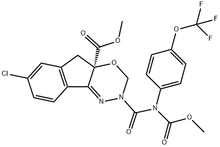 Indeno1,2-e1,3,4oxadiazine-4a(3H)-carboxylic acid, 7-chloro-2,5-dihydro-2-(methoxycarbonyl)4-(trifluoromethoxy)phenylaminocarbonyl-, methyl ester, (4aR)-, 185608-75-7, 结构式