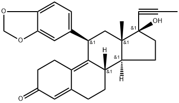 11β-(1,3-ベンゾジオキソール-5-イル)-17β-ヒドロキシ-17-(1-プロピニル)エストラ-4,9-ジエン-3-オン 化学構造式