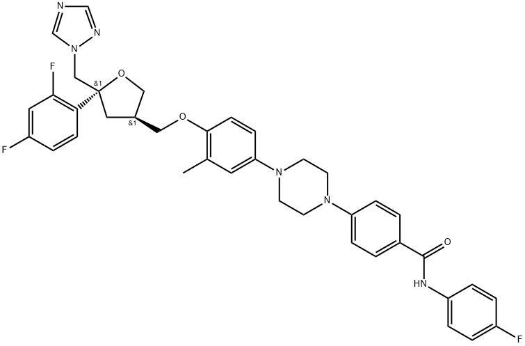 N-(4-フルオロフェニル)-4-[4-[3-メチル-4-[[(2R)-4α-(2,4-ジフルオロフェニル)-5β-(1H-1,2,4-トリアゾール-1-イルメチル)テトラヒドロフラン-2β-イル]メトキシ]フェニル]ピペラジノ]ベンズアミド 化学構造式