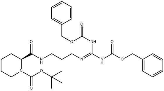 1-Piperidinecarboxylic acid, 2-[[[3-[[bis[[(phenylmethoxy)carbonyl]amino]methylene]amino]propyl]amino]carbonyl]-, 1,1-dimethylethyl ester, (2S)- 结构式