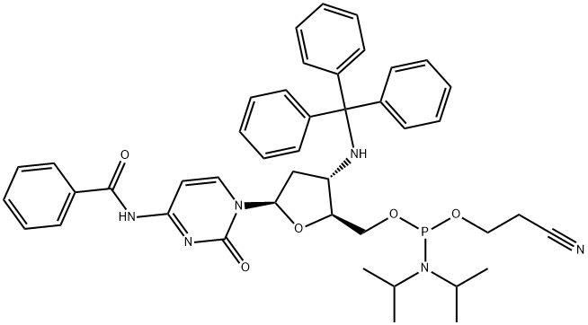 N4-benzoyl-3'-(trityl)amino-2', 3'-dideoxycytidine-5'-cyanoethyl Phosphoramidite Struktur
