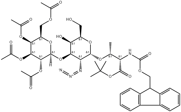 N-[(9H-fluoren-9-yl)-methoxycarbonyl]-O-[O-(2'',3'',4'',6''-tetra-O-acetyl-β-D-galactopyranosyl)-(1''-3)-(2-azido-2-deoxy-α-D-galactopyranosyl)]-L-threonine tert-butyl ester Struktur