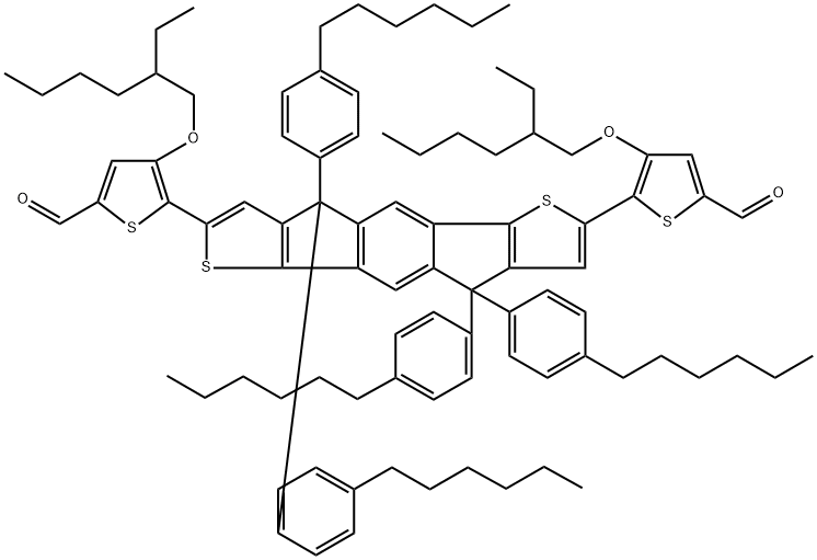 5,5'-[4,4,9,9-tetrakis(4-hexylphenyl)-4,9-dihydro-s-indaceno[1,2-b:5,6-b']dithiophene-2,7-diyl]bis[4-[(2-ethylhexyl)oxy]-2-Thiophenecarboxaldehyde 结构式