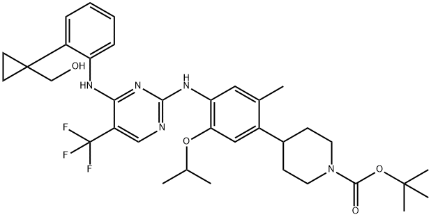 1-Piperidinecarboxylic acid, 4-[4-[[4-[[2-[1-(hydroxymethyl)cyclopropyl]phenyl]amino]-5-(trifluoromethyl)-2-pyrimidinyl]amino]-2-methyl-5-(1-methylethoxy)phenyl]-, 1,1-dimethylethyl ester 结构式