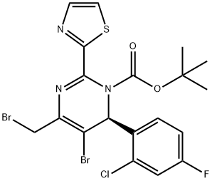 (S)-5-溴-4-(溴甲基)-6-(2-氯-4-氟苯基)-2-(噻唑-2-基)嘧啶-1(6H)-羧酸叔丁酯 结构式